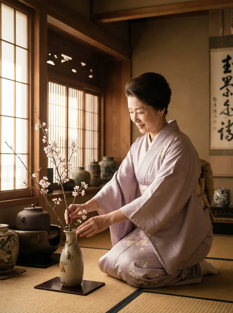 一位优雅的 亚新体育平台 在和室中插花